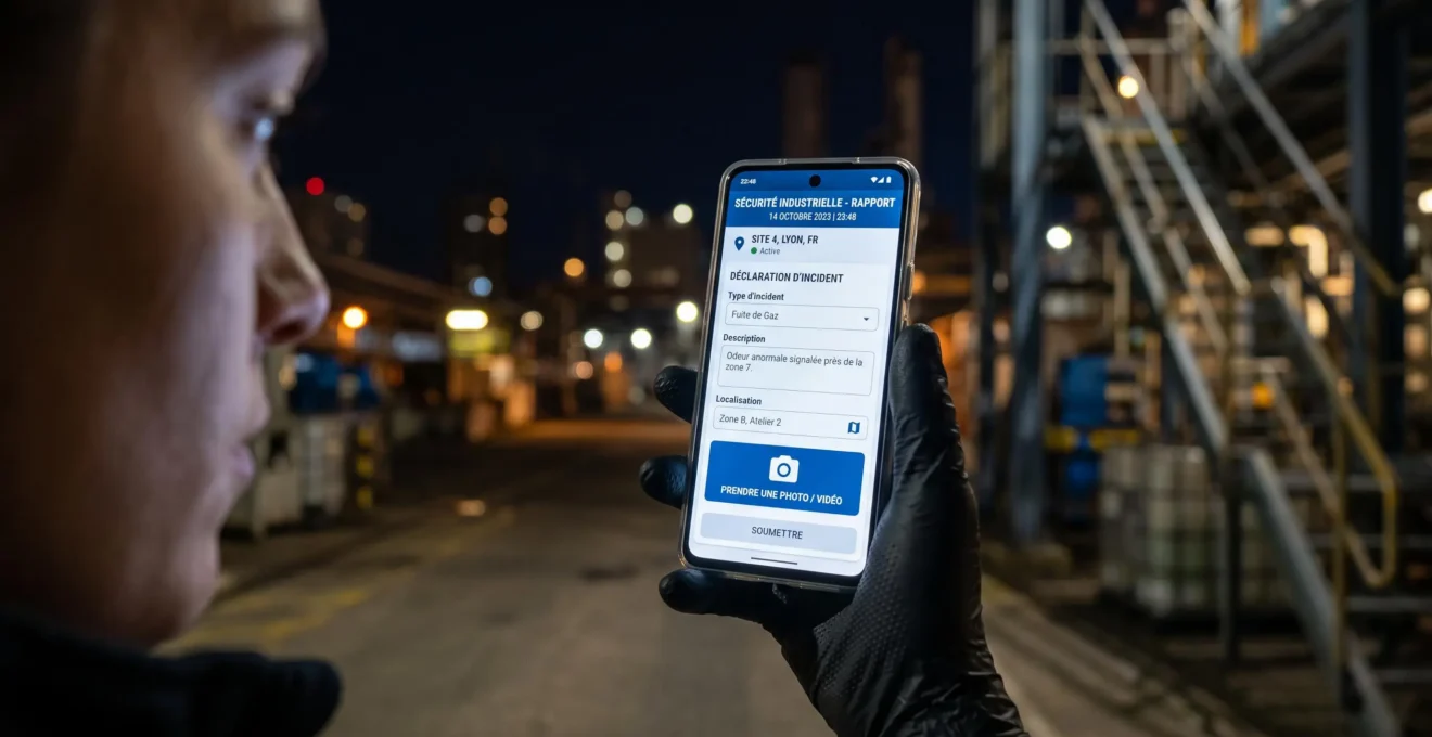 Interface d'application mobile montrant un rapport d'intervention de sécurité en cours de rédaction