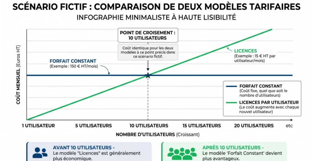 Schéma illustrant le seuil d'équilibre fictif à dix utilisateurs entre un forfait et des licences.